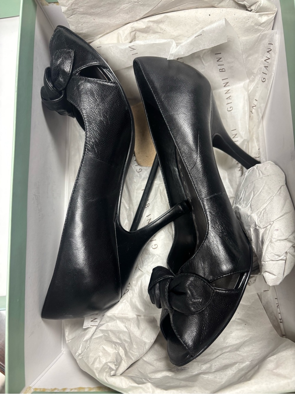 Gianni Bini Black Leather Peep-Toe Knot Heels